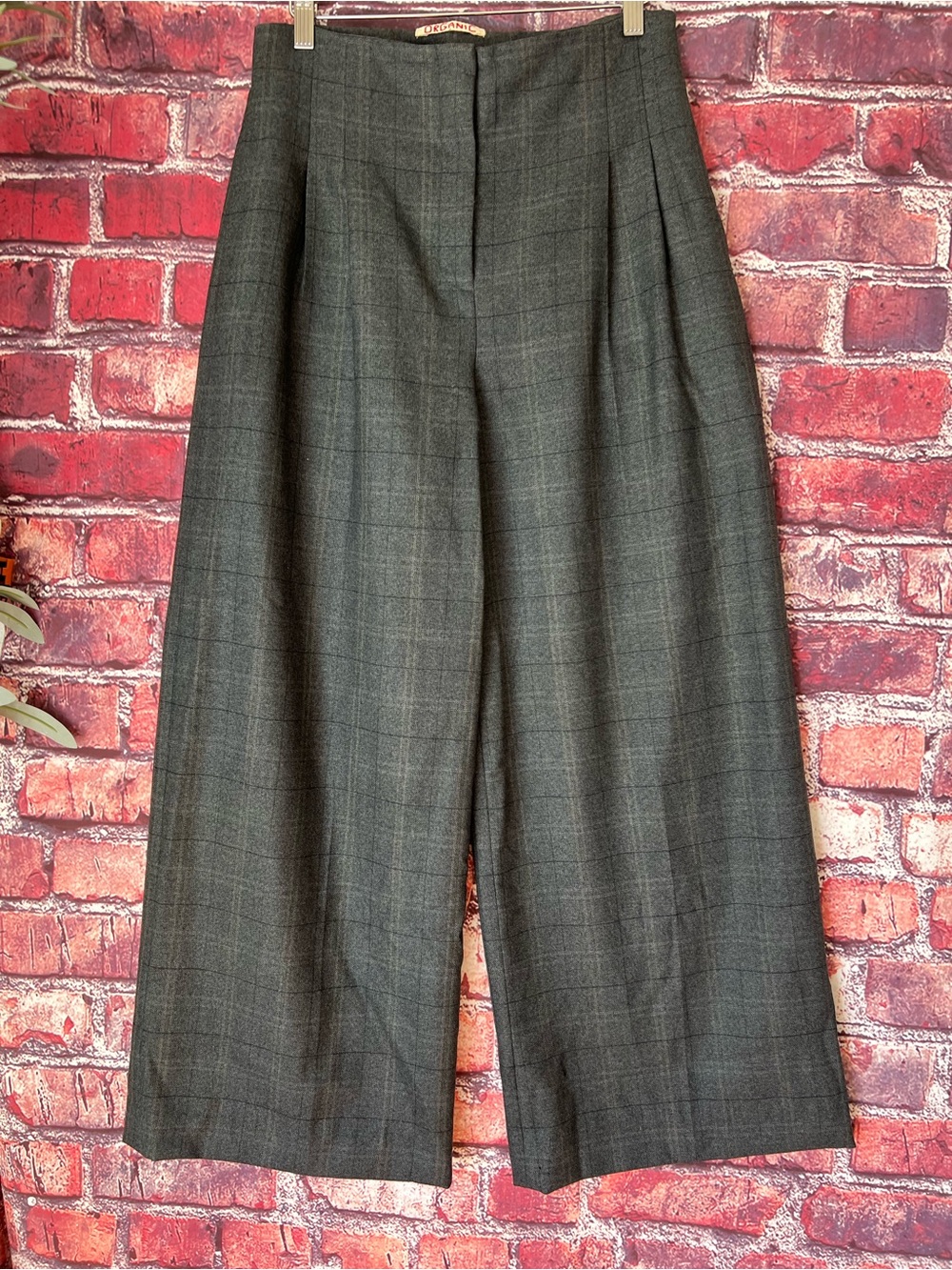 Organic Wool Wide Leg Plaid Pleated Trousers Grey 100% Recycled